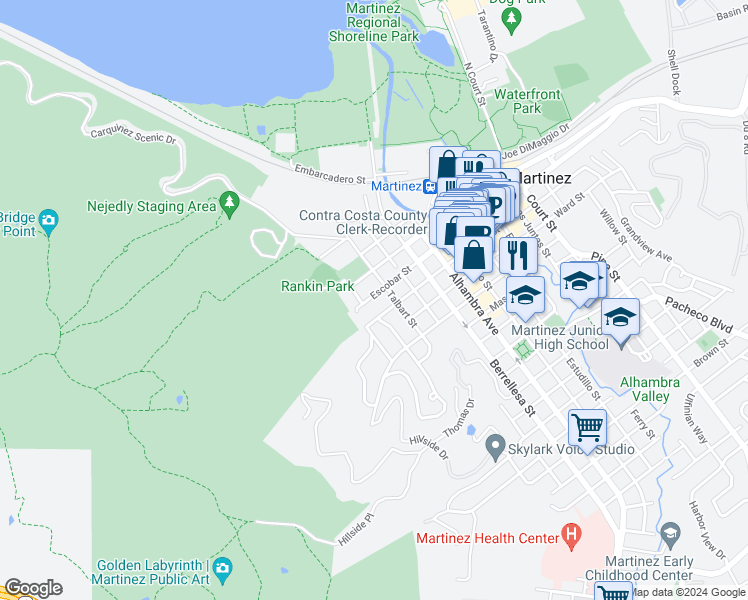 map of restaurants, bars, coffee shops, grocery stores, and more near 110 Escobar Street in Martinez