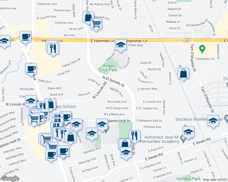 map of restaurants, bars, coffee shops, grocery stores, and more near 42 Marilyn Avenue in Stockton