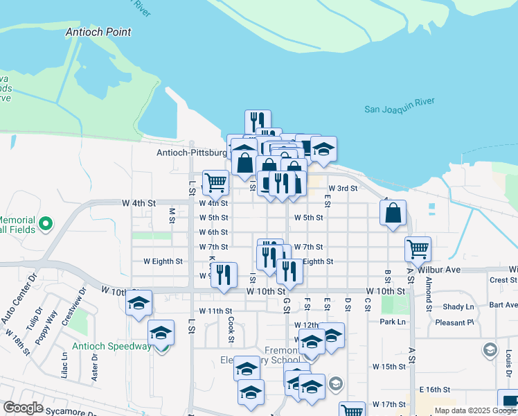 map of restaurants, bars, coffee shops, grocery stores, and more near 711 West 4th Street in Antioch
