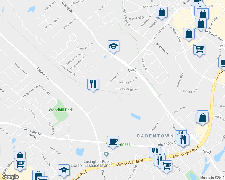 map of restaurants, bars, coffee shops, grocery stores, and more near 2608 Crystal Falls Road in Lexington