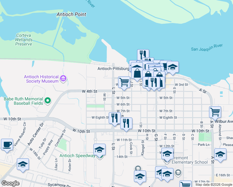 map of restaurants, bars, coffee shops, grocery stores, and more near 1023 West 3rd Street in Antioch