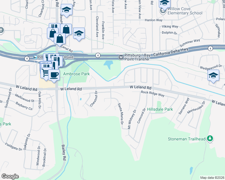 map of restaurants, bars, coffee shops, grocery stores, and more near 1098 Alamo Court in Pittsburg