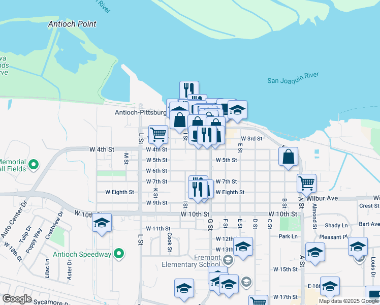 map of restaurants, bars, coffee shops, grocery stores, and more near 711 West 4th Street in Antioch