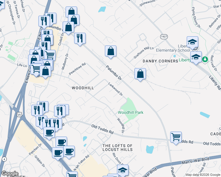 map of restaurants, bars, coffee shops, grocery stores, and more near 374 Larkwood Drive in Lexington