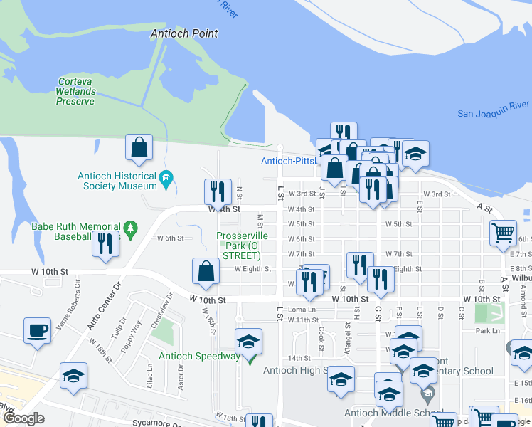 map of restaurants, bars, coffee shops, grocery stores, and more near 1115 West 4th Street in Antioch