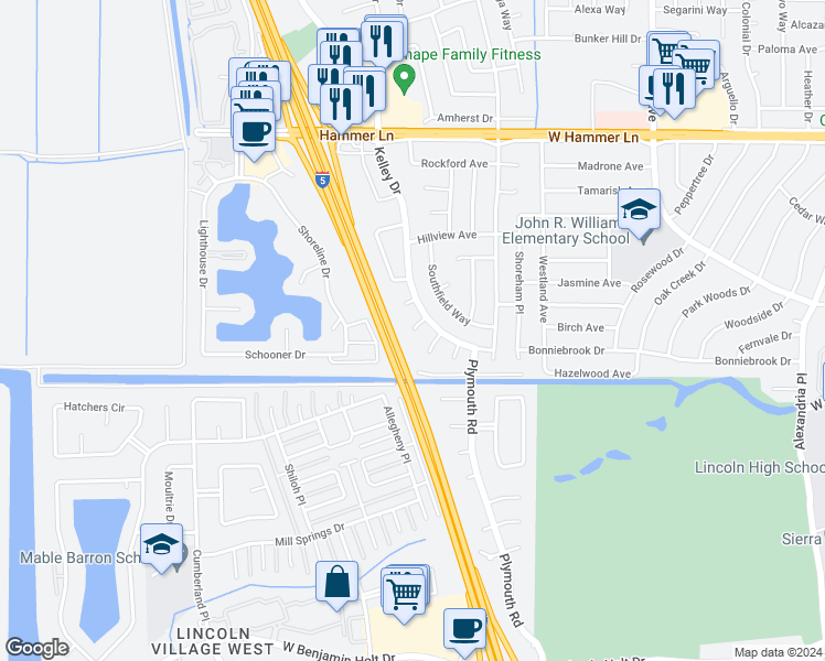 map of restaurants, bars, coffee shops, grocery stores, and more near 7316 Kelley Drive in Stockton