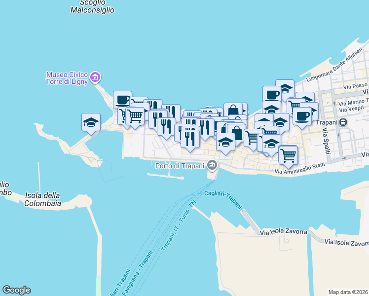map of restaurants, bars, coffee shops, grocery stores, and more near 95 Via San Francesco D'Assisi in Trapani