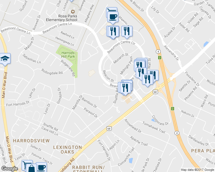 map of restaurants, bars, coffee shops, grocery stores, and more near 3305 Beaumont Centre Circle in Lexington