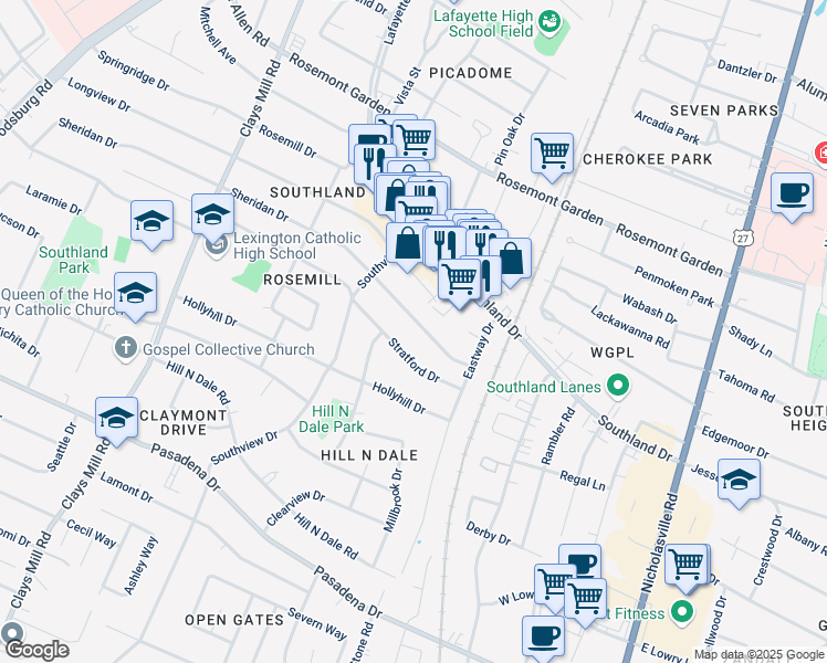 map of restaurants, bars, coffee shops, grocery stores, and more near 340 Longview Plaza in Lexington