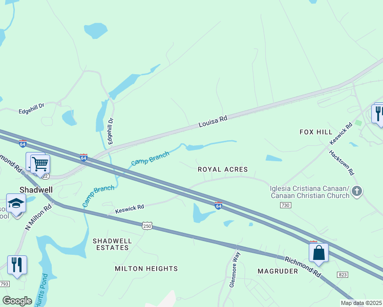 map of restaurants, bars, coffee shops, grocery stores, and more near 3384 Keswick Road in Keswick
