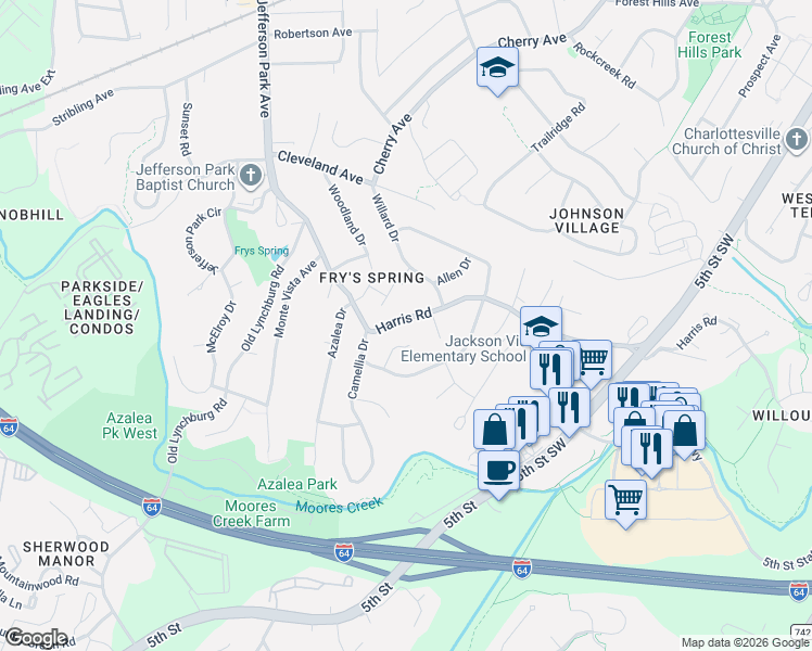 map of restaurants, bars, coffee shops, grocery stores, and more near 112 Oaklawn Court in Charlottesville