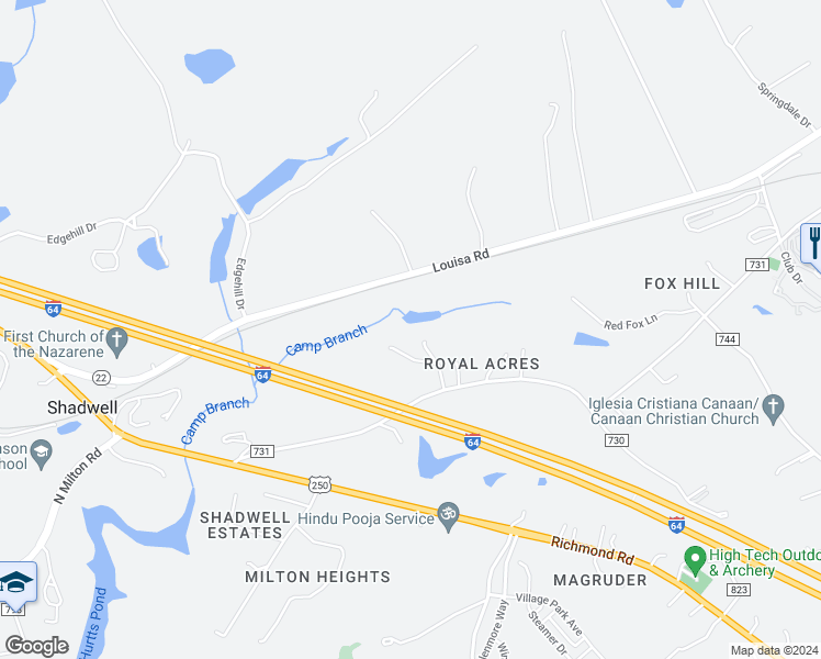 map of restaurants, bars, coffee shops, grocery stores, and more near 3384 Keswick Road in Keswick