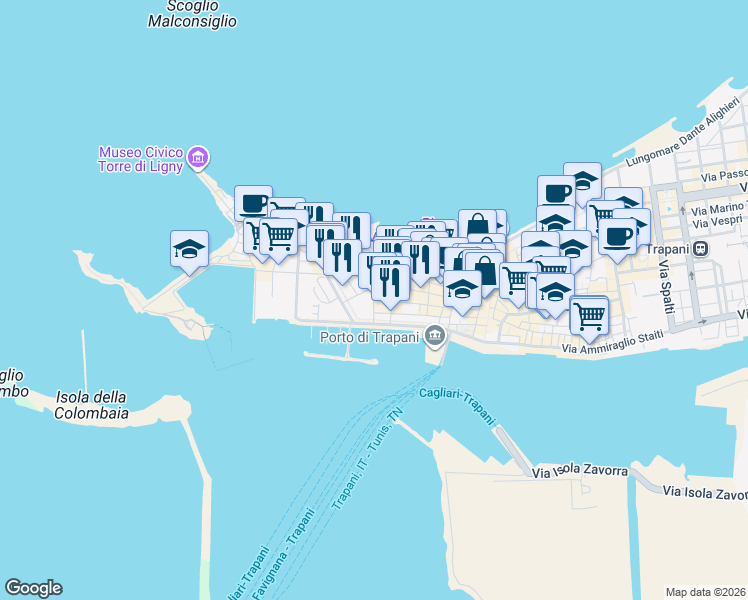 map of restaurants, bars, coffee shops, grocery stores, and more near 95 Via San Francesco D'Assisi in Trapani