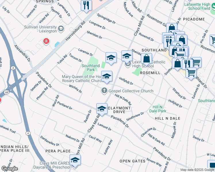 map of restaurants, bars, coffee shops, grocery stores, and more near 605 Hill N Dale Road in Lexington