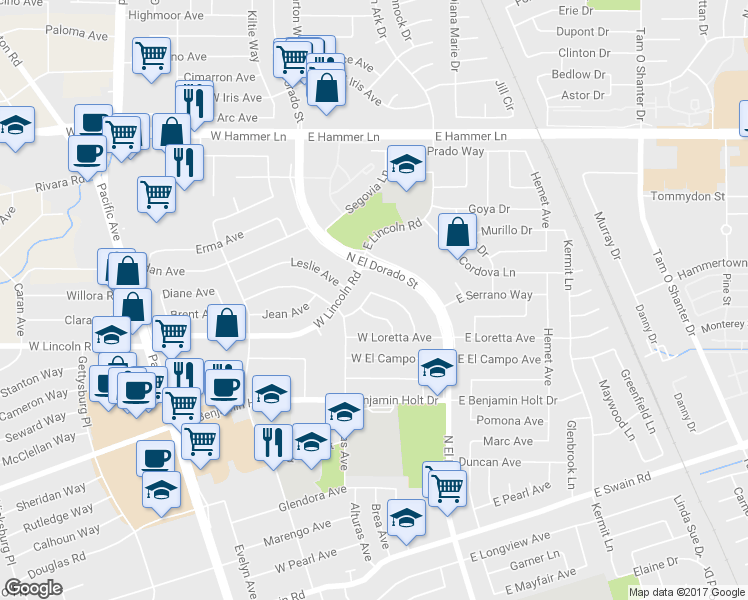 map of restaurants, bars, coffee shops, grocery stores, and more near 108 West Lincoln Road in Stockton