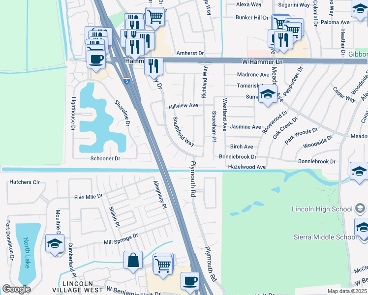 map of restaurants, bars, coffee shops, grocery stores, and more near 7222 Southfield Way in Stockton