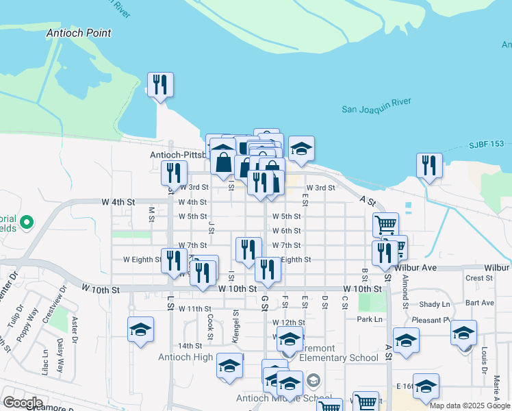 map of restaurants, bars, coffee shops, grocery stores, and more near in Antioch
