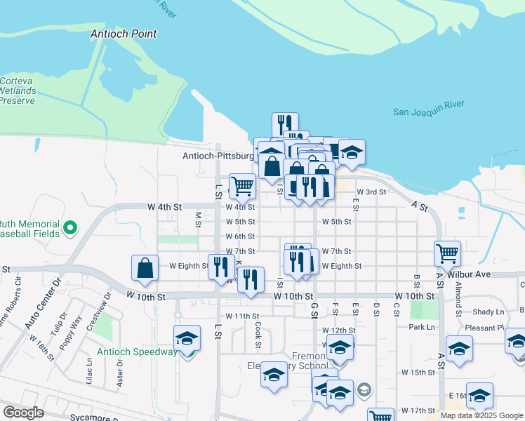 map of restaurants, bars, coffee shops, grocery stores, and more near 807 West 3rd Street in Antioch