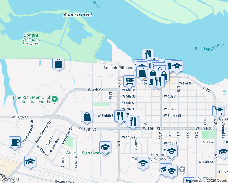 map of restaurants, bars, coffee shops, grocery stores, and more near 300 L Street in Antioch