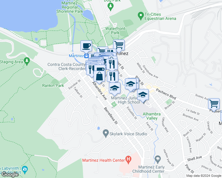 map of restaurants, bars, coffee shops, grocery stores, and more near 645 Green Street in Martinez