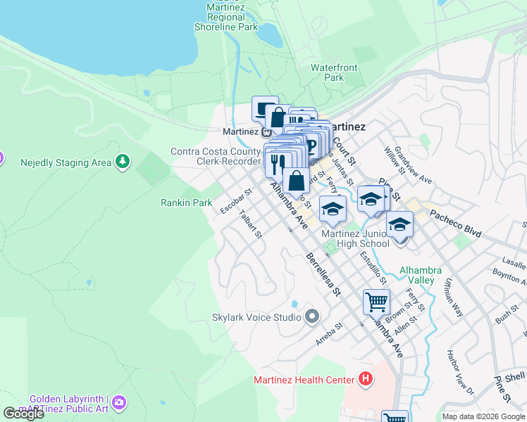 map of restaurants, bars, coffee shops, grocery stores, and more near 622 Berrellesa Street in Martinez