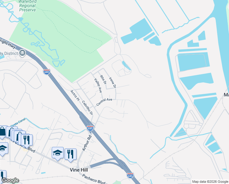 map of restaurants, bars, coffee shops, grocery stores, and more near 4216 Irene Drive in Martinez