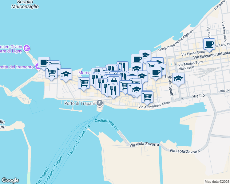 map of restaurants, bars, coffee shops, grocery stores, and more near 22 Via Nunzio Nasi in Trapani