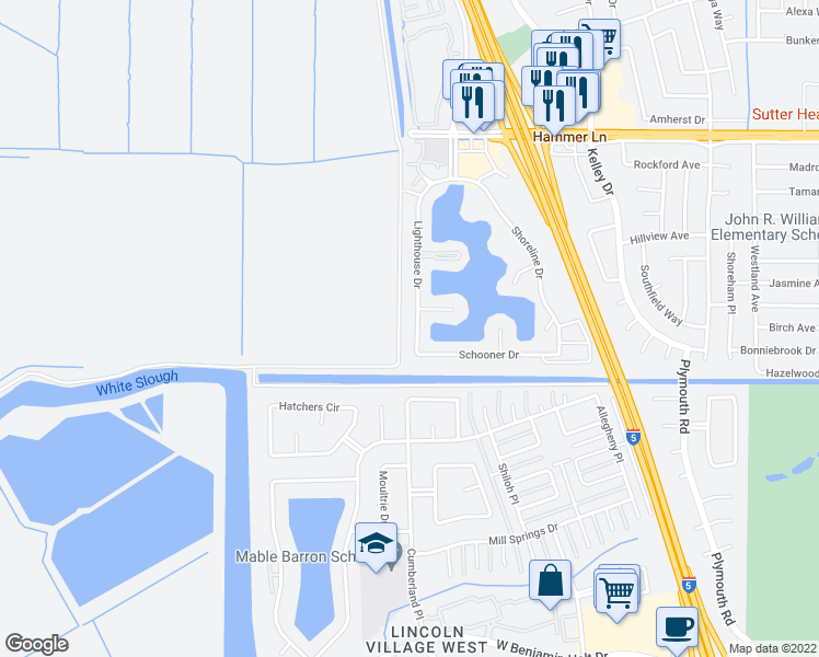 map of restaurants, bars, coffee shops, grocery stores, and more near 7139 Lighthouse Drive in Stockton