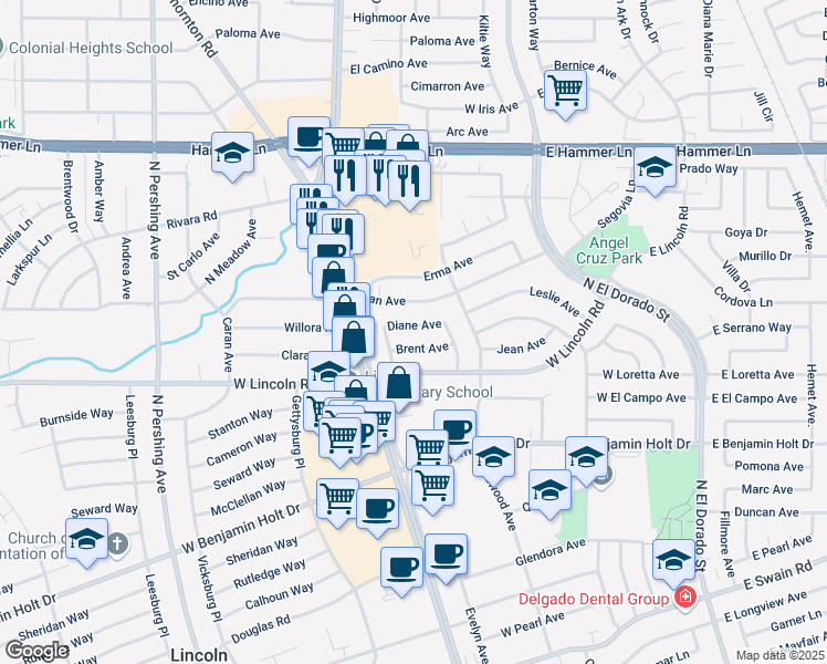 map of restaurants, bars, coffee shops, grocery stores, and more near 712 Diane Avenue in Stockton