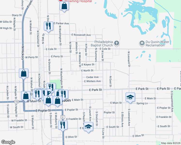 map of restaurants, bars, coffee shops, grocery stores, and more near 410-498 East North Street in Du Quoin