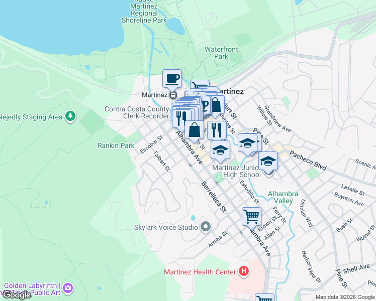 map of restaurants, bars, coffee shops, grocery stores, and more near 735 Alhambra Avenue in Martinez