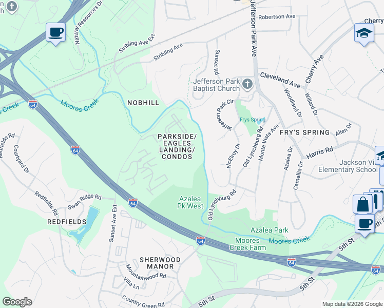 map of restaurants, bars, coffee shops, grocery stores, and more near 765 Denali Way in Charlottesville