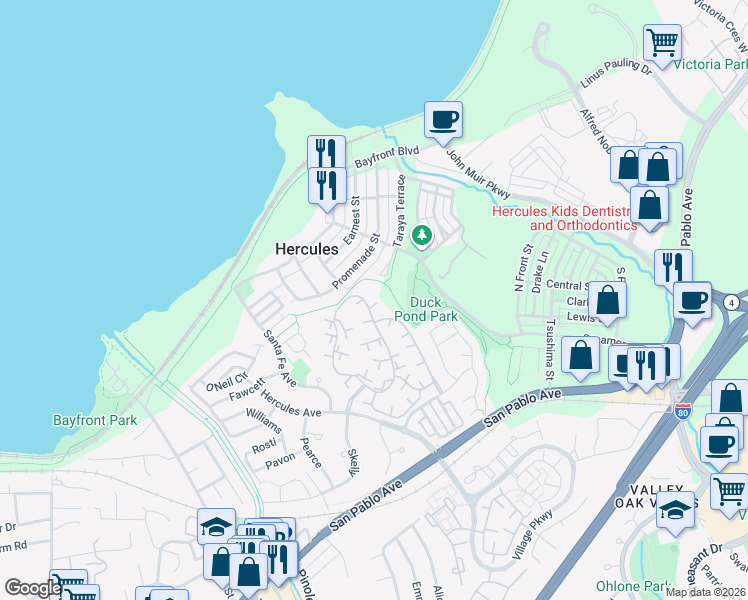 map of restaurants, bars, coffee shops, grocery stores, and more near 1100 Taraya Terrace in Hercules
