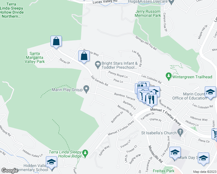 map of restaurants, bars, coffee shops, grocery stores, and more near 779 Del Ganado Road in San Rafael