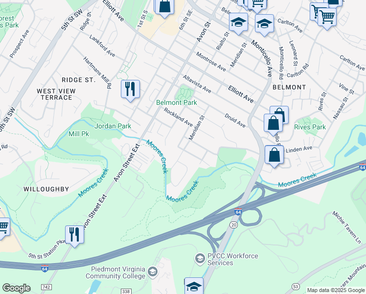 map of restaurants, bars, coffee shops, grocery stores, and more near 817 Rougemont Avenue in Charlottesville
