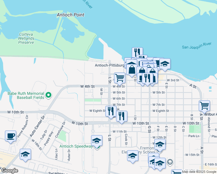 map of restaurants, bars, coffee shops, grocery stores, and more near 1023 West 3rd Street in Antioch