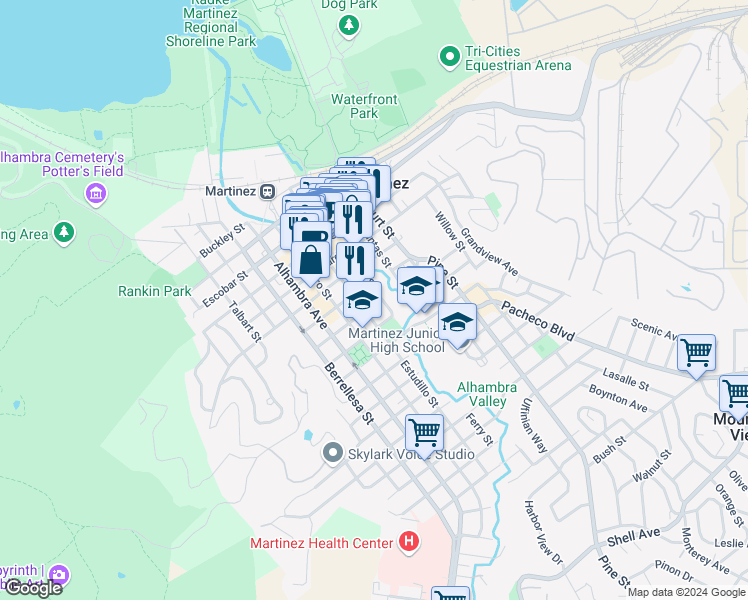 map of restaurants, bars, coffee shops, grocery stores, and more near 1000 Ferry Street in Martinez