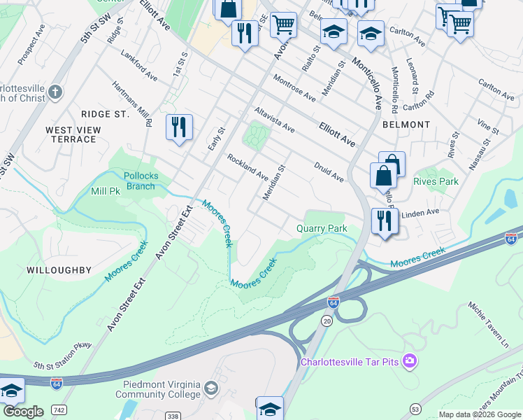 map of restaurants, bars, coffee shops, grocery stores, and more near 1600 Green Street in Charlottesville