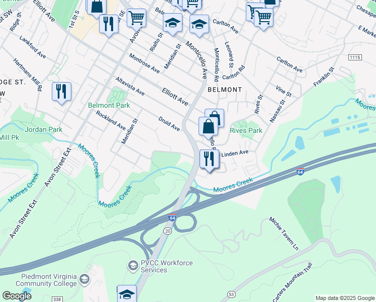 map of restaurants, bars, coffee shops, grocery stores, and more near 321 Quarry Road in Charlottesville