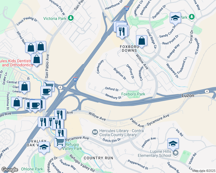 map of restaurants, bars, coffee shops, grocery stores, and more near 190 Oxford Street in Hercules