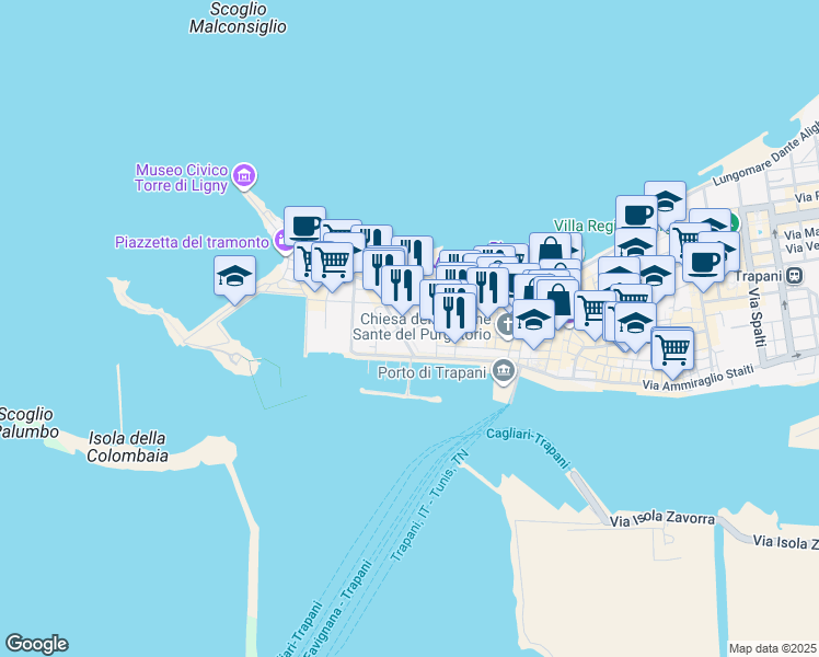 map of restaurants, bars, coffee shops, grocery stores, and more near 37 Via Duca D'Aosta in Trapani