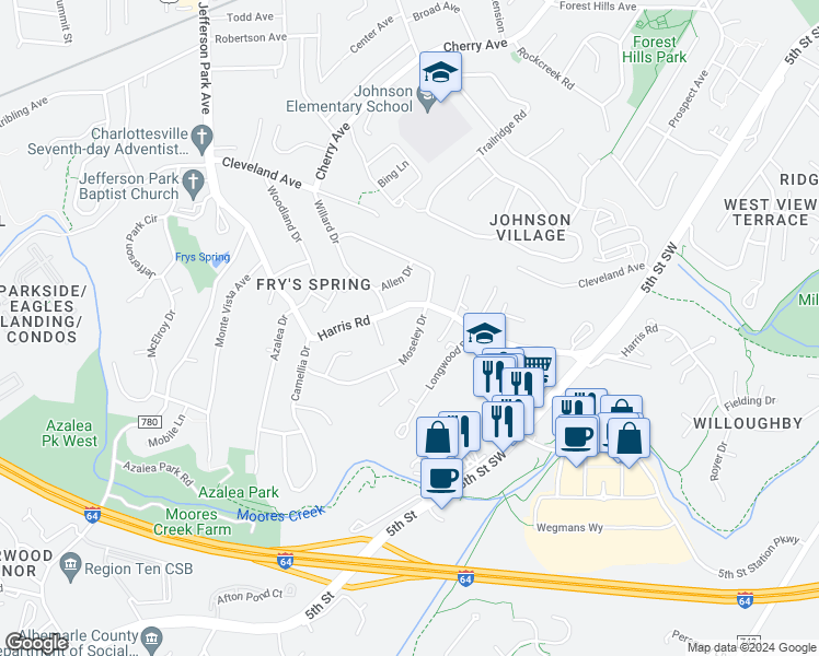 map of restaurants, bars, coffee shops, grocery stores, and more near 503 Moseley Drive in Charlottesville