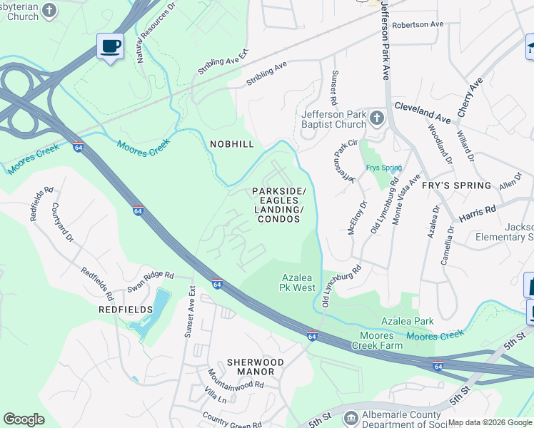map of restaurants, bars, coffee shops, grocery stores, and more near 122 Yellowstone Drive in Charlottesville