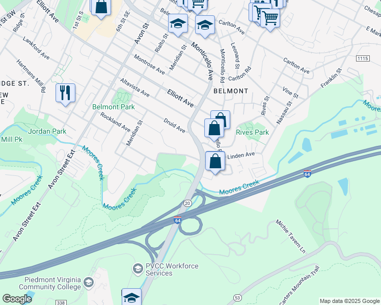 map of restaurants, bars, coffee shops, grocery stores, and more near 331 Quarry Road in Charlottesville