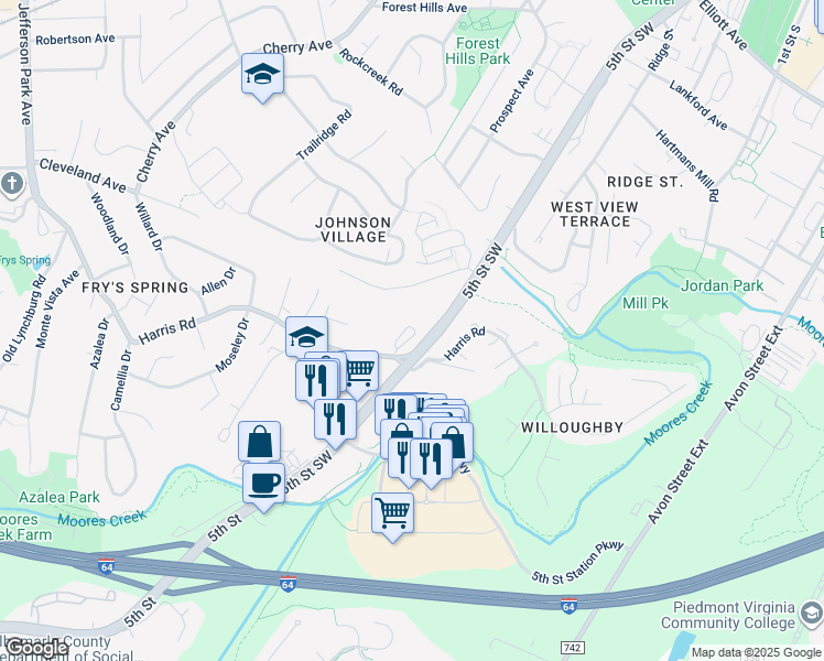 map of restaurants, bars, coffee shops, grocery stores, and more near 128 Old 5th Circle in Charlottesville