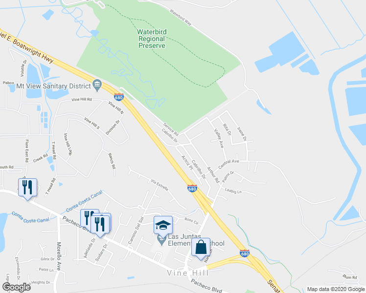 map of restaurants, bars, coffee shops, grocery stores, and more near Cabrilho Drive in Martinez