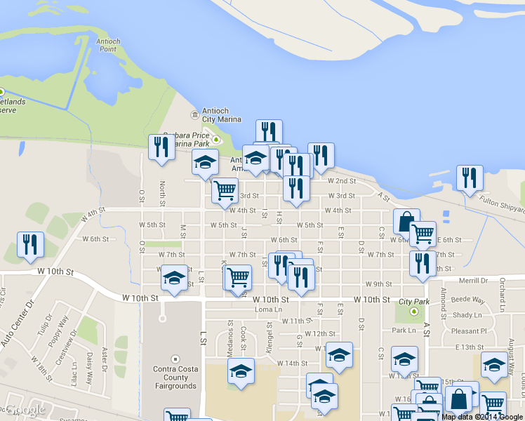 map of restaurants, bars, coffee shops, grocery stores, and more near 807 West 3rd Street in Antioch