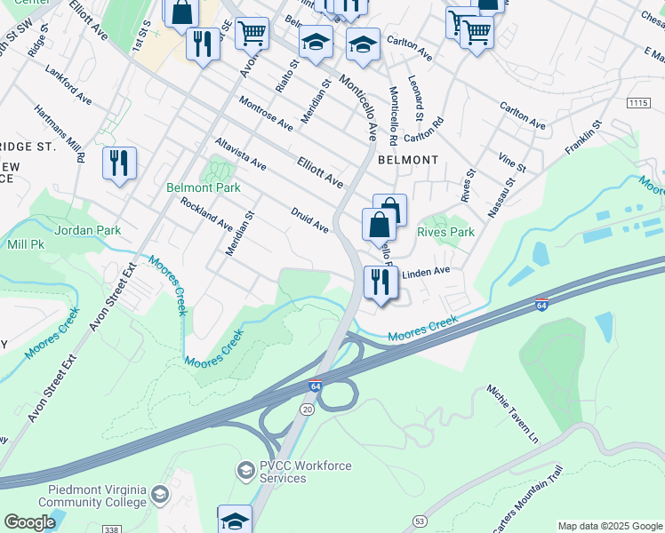 map of restaurants, bars, coffee shops, grocery stores, and more near 335 Quarry Road in Charlottesville