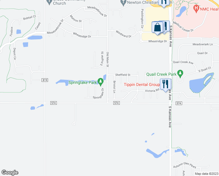 map of restaurants, bars, coffee shops, grocery stores, and more near 2212 Old Main Street in Newton