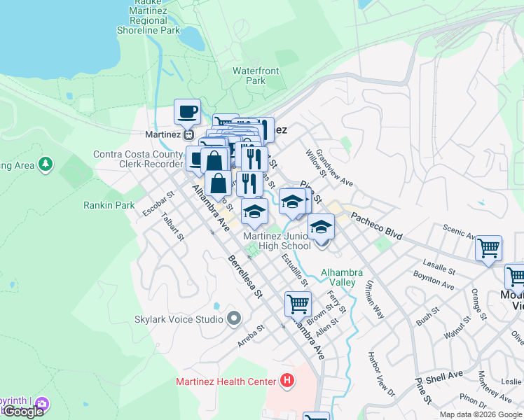 map of restaurants, bars, coffee shops, grocery stores, and more near 721 Mellus Street in Martinez